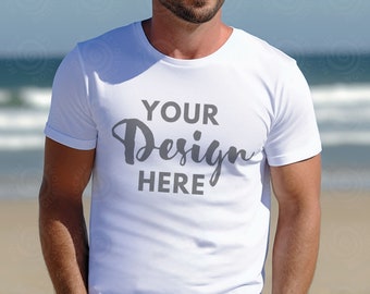 Gildan 5000 Mens Mockup Male Model Mockup White Tshirt Mockup 5000 Gildan Shirt White Unisex Tee Mock Gildan White Outdoor Gildan 5000 Beach