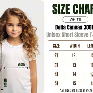 May include: Size chart for Bella Canvas 3001T unisex short sleeve t-shirt in white. The chart shows sizes 2T through 5T with corresponding width and length measurements in inches.