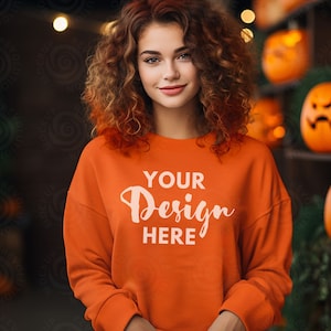 Gildan 18000 Orange Mockup Sweatshirt Woman Model Mockup Halloween Mocks 18000 Female Gildan Sweater Mockup Fall Sweatshirt Mockup 18000