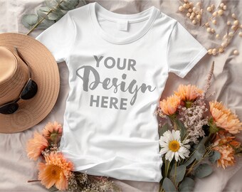 White flat lay T shirt Mock up Gildan Flatlay Mockup White Gildan 5000 Tshirt Mockup White T-Shirt Flat Lay mock up Summer Fall Flower Mock