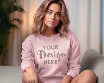 Gildan 18000 Mockup pink Gildan Sweatshirt Mockup Light pink Gildan 18000 Crewneck Mockups Sweatshirt Model Mockup Heavy Blend Sweater