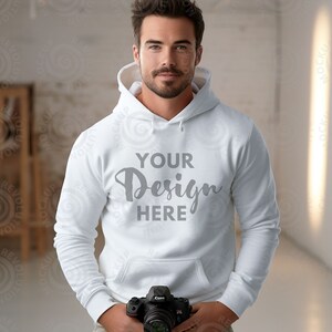 Gildan 18500 White Hoodie Mockup Mens Model Mockup 18500 Gildan White Mockup Gildan Hoodie Mock up Photographer Sweatshirt Camera Mockup