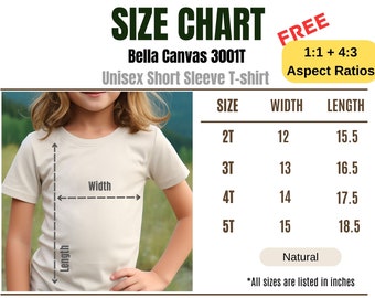 Puede incluir: Tabla de tallas para una camiseta de manga corta unisex Bella Canvas 3001T. La tabla muestra las tallas 2T, 3T, 4T y 5T con las medidas de ancho y largo correspondientes en pulgadas.