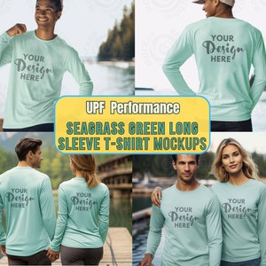 Op de afbeelding: Vier mensen dragen langarmige, grasgroene T-shirts met de tekst "YOUR Design HERE" gedrukt op de rug. De T-shirts zijn in performance-stijl met een UPF-waarde.