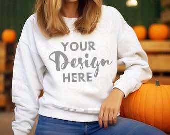 Gildan 18000 Mockup Gildan White Sweatshirt Mockup Sweatshirt Model Mockup White Gildan Crewneck Mockups, Heavy Blend Sweater Halloween Mock
