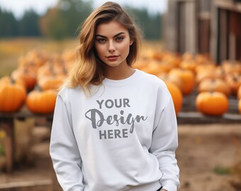 Gildan 18000 White Mockup Female Gildan Sweater Mockup Sweatshirt Woman Model Mockup Fall Sweatshirt Mockup 18000 Halloween Mocks 18000