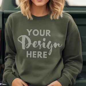 Gildan 18000 Mockup Fall Sweatshirt Model Mockup Gildan Military Green Sweatshirt Mockup Military Green Gildan Crewneck Mockups Outdoor Mock