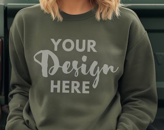 Gildan 18000 Mockup Fall Sweatshirt Model Mockup Gildan Military Green Sweatshirt Mockup Military Green Gildan Crewneck Mockups Outdoor Mock