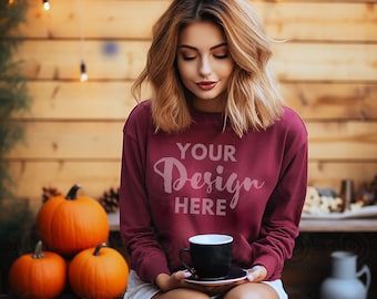 Gildan 18000 Mockup Gildan Maroon Sweat-shirt Mockup Maroon Gildan Crewneck Mockup Sweat-shirt maquette modèle maquette Halloween Sweat-shirt automne