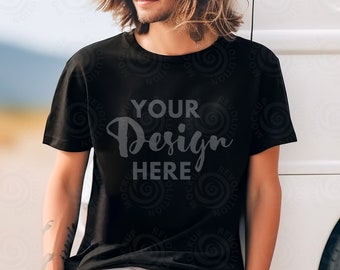 Black Bella Canvas 3001 Mockup Male Model Mockup T-Shirt Mockup 3001 Male Model Mockup Lifestyle Mock up Black Tee Mockup Outdoor Lifestyle