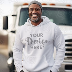 Maqueta de sudadera con capucha blanca Gildan 18500 Maqueta de modelo para hombre 18500 Maqueta de sudadera blanca Gildan Maqueta de sudadera con capucha de conductor de camión Maqueta de sudadera con capucha