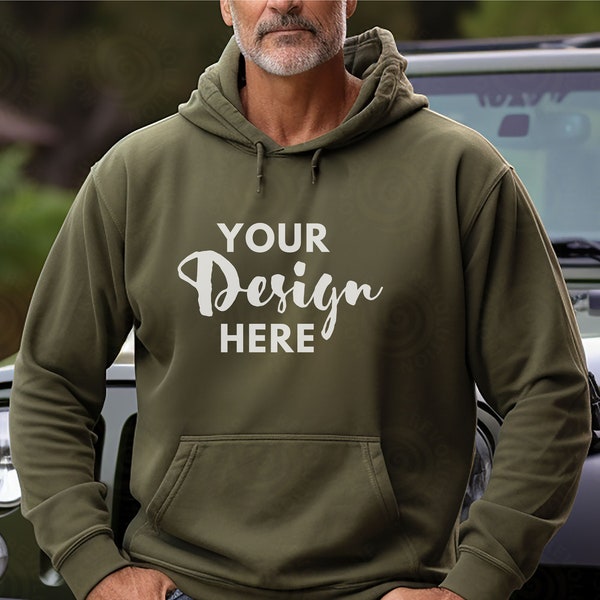 Gildan 18500 Military Green Mockup Unisex Military Green Male Sweatshirt Male Gildan Sweater Mockup Fall Sweatshirt Mens Model Mockup