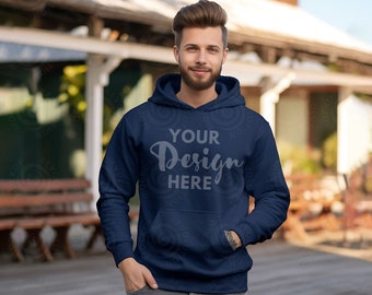 Maqueta de sudadera con capucha azul marino Gildan 18500 Maqueta de modelo para hombre 18500 Maqueta de sudadera con capucha azul marino Gildan Modelo de sudadera con capucha Maqueta de modelo Estilo de vida al aire libre