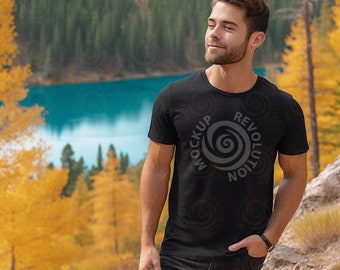 Black tshirt Mockup Bella Canvas 3001, Male t-shirt, T-Shirt Mockup, Model Mockup, Nature, Fall mockup, Model 3001 Mockup, Black Tshirt mock
