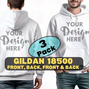 May include: A three-pack of white Gildan 18500 hoodies with the text "Your Design Here" printed on the front. The hoodies are shown on two models, one from the front and one from the back.