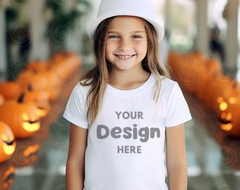 Kids Bella Canvas 3001Y White Mockup Kids Bella Canvas Mockup White Bella Canvas 3001Y Model 3001Y T-shirt Aesthetic Youth Fall Mock-up