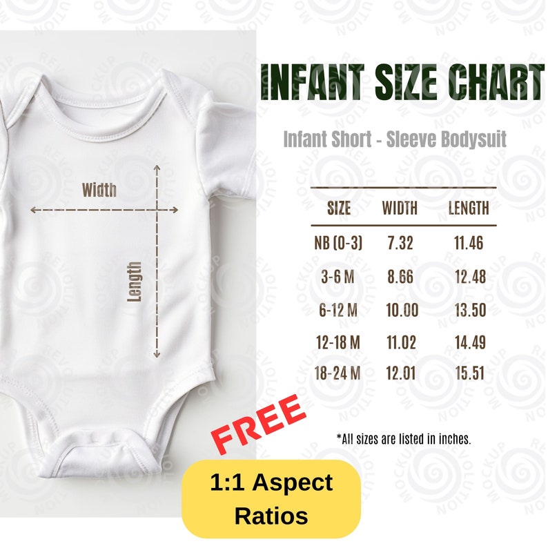 May include: Infant bodysuit size chart with measurements in inches for newborn to 24 months. The chart shows width and length measurements for each size.