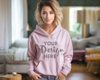 Gildan 18500 Mockup Light Pink 18500 Mockup Gildan Sweater Mock up Oversized Sweatshirt Model Mockup Hoodie Model Mockup Pink Hoodie Women
