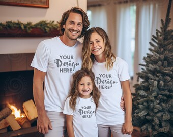 White Bella Canvas 3001 Mockup Family Blank White T-shirt Bella Canvas 3001 Family Model Mockup Family Matching of 3 Christmas Tshirt Mockup
