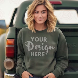 Gildan 18000 Mockup Fall Sweatshirt Model Mockup Gildan Military Green Sweatshirt Mockup Military Green Gildan Crewneck Mockups Outdoor Mock