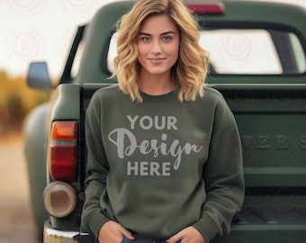 Gildan 18000 Mockup Fall Sweatshirt Model Mockup Gildan Military Green Sweatshirt Mockup Military Green Gildan Crewneck Mockups Outdoor Mock