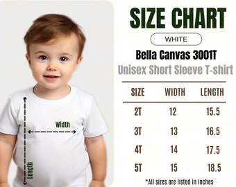 Tabella delle taglie di Bella Canvas 3001T Tabella delle taglie per bambini Tabella delle taglie di Bella e Canvas 3001T Mockup Guida alle taglie delle magliette per bambini Tabella delle taglie per bambini Mockup