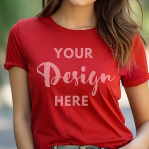 Red Bella Canvas 3001 Mockup Red T-Shirt Mockup Female Model Mock 3001 T-shirt Red Lifestyle Bella Canvas Mockup Women Mockup Beach Mockup