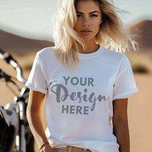 White Gildan 5000 Mockup T-shirt Mockup Female Model Gildan 5000 Mockup 5000 T Shirt Bike mockup White Tshirt Outdoor Dessert Lifestyle Mock