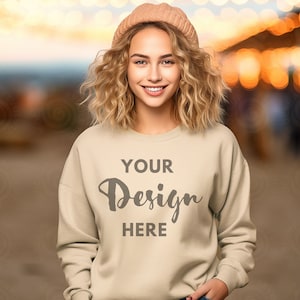 Gildan 18000 Sand Mockup Female Gildan Sweater Mockup Sweatshirt Woman Model Mockup Halloween Mocks 18000 Fall Sweatshirt Mockup 18000 Mock