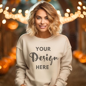 Gildan 18000 Sand Mockup Female Gildan Sweater Mockup Sweatshirt Woman Model Mockup Halloween Mocks 18000 Fall Sweatshirt Mockup 18000 Fall