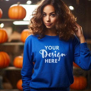 Gildan 18000 Royal Mockup Sweatshirt Woman Model Mockup Halloween Mocks 18000 Female Gildan Sweater Mockup Fall Sweatshirt Mockup 18000
