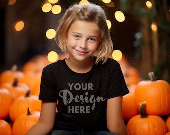 Gildan 5000B Black Girl Shirt Mock Up Black T-Shirt Mockup Kids Digital Mocks Child Model Gildan Black Fall Halloween Mocks