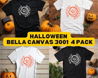 May include: Four t-shirts with a Halloween theme. Two black t-shirts and two white t-shirts. Each shirt has a swirl design with the text "Revolution" and "Mockup".
