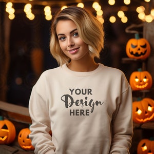 Gildan 18000 Mockup Female Gildan Sand Sweatshirt Mockup Sweatshirt Woman Model Mockup Halloween Mocks 18000 Fall Sweatshirt Mockup 18000