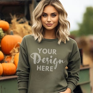 Gildan 18000 Mockup Gildan Military Green Sweatshirt Mockup Sweatshirt Model Mockup Military Green Gildan Crewneck Mockups Fall Outdoor