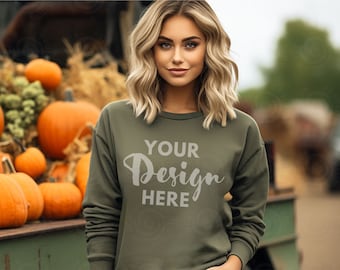 Gildan 18000 Mockup Gildan Military Green Sweatshirt Mockup Sweatshirt Model Mockup Military Green Gildan Crewneck Mockups Fall Outdoor