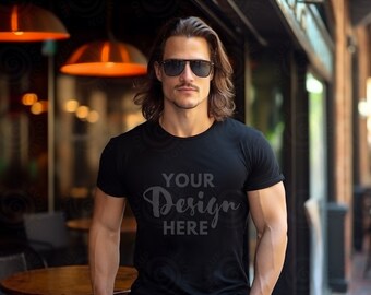 Gildan 5000 Mens Mockup Black Tshirt Mockup 5000 Gildan 5000 Mockup Men Male Model Mockup Black Unisex Tee Mock Outdoor Lifestyle Gildan