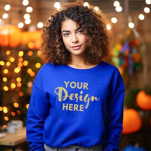 Gildan 18000 Royal Mockup Sweatshirt Woman Model Mockup Halloween Mocks 18000 Female Gildan Sweater Mockup Fall Sweatshirt Mockup 18000