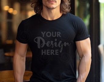 Gildan 5000 Mens Mockup Black Tshirt Mockup 5000 Gildan 5000 Mockup Men Male Model Mockup Black Unisex Tee Mock Outdoor Lifestyle Gildan