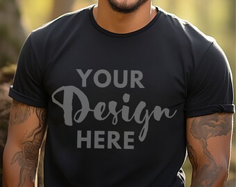 Gildan 5000 herenmodel zwarte tshirt mockup Gildan 5000 zwarte mockup Unisex T-shirt Gildan mannelijk model mockup Gildan-shirt 5000 buiten