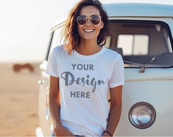 Witte Bella Canvas 3001 mockup wit T-shirt mockup vrouwelijk model zomer strand Bella Canvas mockup vrouw 3001 T-shirt mockup buiten