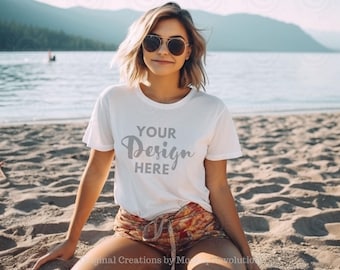 Witte Bella Canvas 3001 mockup wit T-shirt mockup vrouwelijk model zomer strand Bella Canvas mockup vrouw 3001 T-shirt mockup buiten