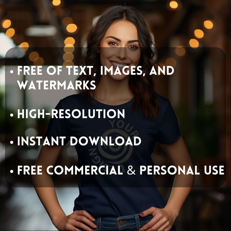 May include: A woman wearing a navy blue t-shirt with the text "YOUR DESIGN" in a circular design. The image also includes text that says "FREE OF TEXT, IMAGES, AND WATERMARKS", "HIGH-RESOLUTION", "INSTANT DOWNLOAD", and "FREE COMMERCIAL & PERSONAL USE".