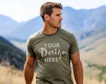 Military Green Bella Canvas 3001 Mockup Bella Canvas Mockup Military Green T-Shirt Mockup Male Model Mockup 3001 T-shirt Mockup Heather