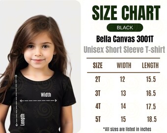 Puede incluir: Tabla de tallas para una camiseta de manga corta unisex Bella Canvas 3001T en negro. La tabla muestra las tallas 2T a 5T con las medidas de ancho y largo correspondientes en pulgadas.