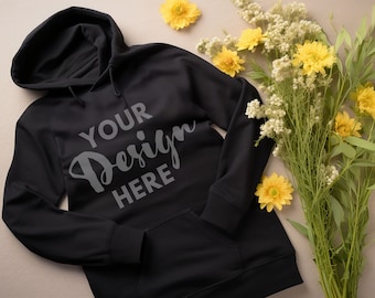Flatlay Gildan 18500 zwart mockup herfst Gi18500 mockup hoodiemodel, zwarte Gildan hoodie mockup platliggend zware mix trui mockup bloemen