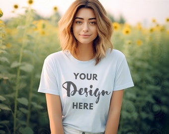 White Bella Canvas 3001 Mockup Bella Canvas Mockup White T-Shirt Mockup Female Model Mockup Woman 3001 tshirt mockup White Tee Mockup Nature