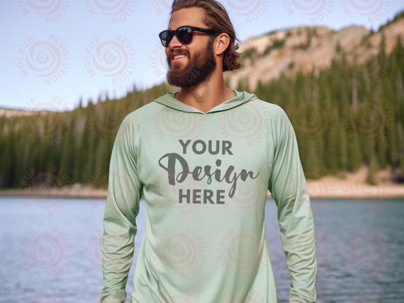 UPF 50+ Hooded Long Sleeve Performance T-shirt Mockup Custom Mens