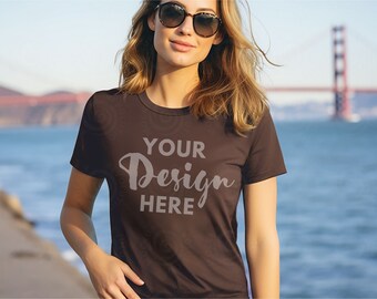 Dark Chocolate Gildan 5000 Mockup Brown T-Shirt Mockup Dark Chocolate Tshirt Mockup Brown Gildan Mockup Female Model Mockup Back Outdoor