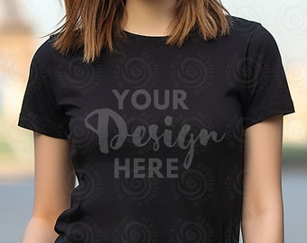 Gildan 5000 Mockup 5000 Modell Mockup Schwarz Tshirt Mockup Gildan Shirt Schwarz Tshirt Mockup Frau Outdoor Schwarz Tshirt Mockup Herbst